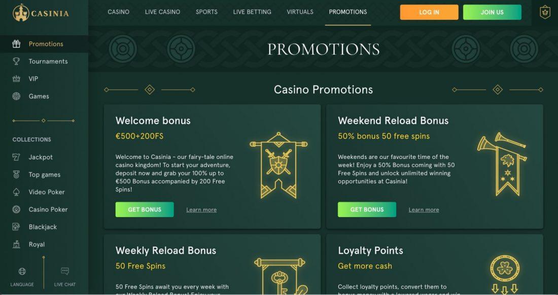 Casinia Casino Bonuses and Promotions