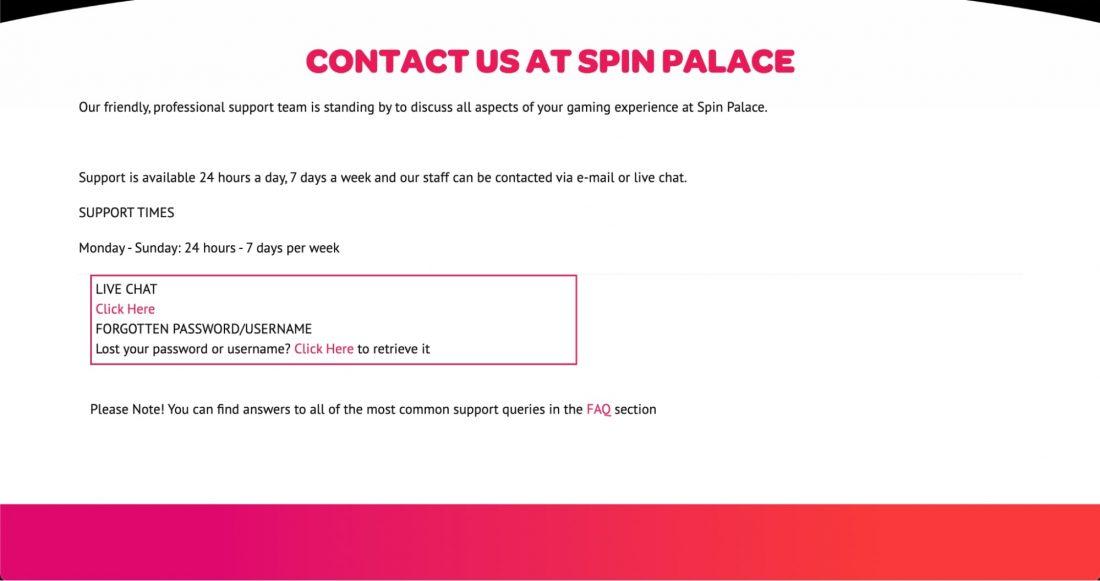 Spin Palace Casino Customer Support